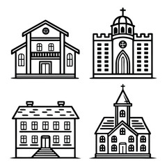 Illustration of four different building structures including houses and churches in black outline style