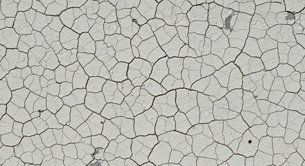 Closeup of cracked white surface Dark lines form a pattern of interconnected polygons Scattered dark spots and a hole are present