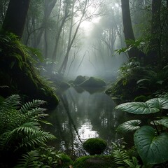 A tranquil forest stream, shrouded in a misty morning light, reflects the surrounding greenery.