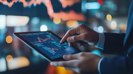 analyzing stock data on a digital tablet, with financial reports on a desk, symbolizing business audit and financial strategy on blurred background