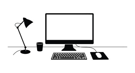 a simple workspace setup with computer desk lamp and accessories