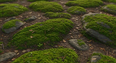 Closeup view of a pathway made of mosscovered rocks and dirt with scattered leaves