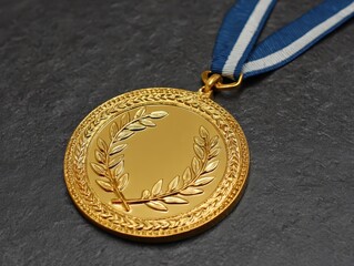 Blank Gold Medal with Laurel Wreath and Blue Ribbon on a Dark Slate Background