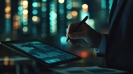 A businessman analyzing stock data on a digital tablet, with financial reports on a desk, on blurred background