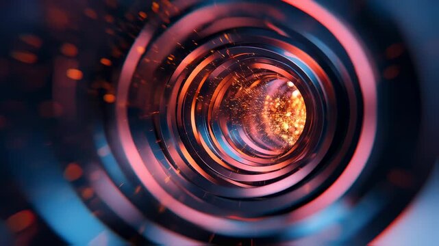 Abstract looped tunnel with neon light geometric shapes and glowing particle effects, modern - Powered by Adobe