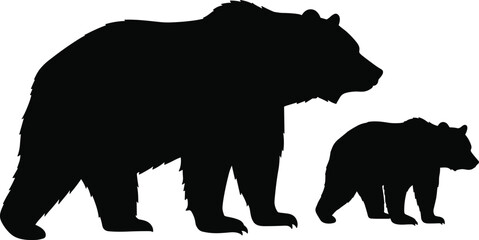 Silhouette of big bear with small cub isolated on white background, wildlife animal family, mother bear and baby together illustration