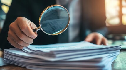 A businessman holding a magnifying glass over a stack of financial audit reports, on blurred background
