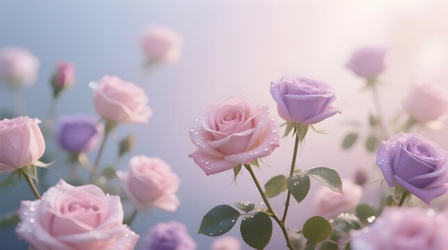 A dreamy close-up of delicate pink and purple roses with dew drops.