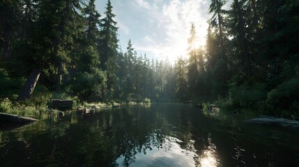 Obraz premium Serene forest river scene, tranquil morning light filtering through tall evergreens.
