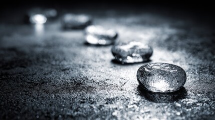 Ice rocks row on dark surface