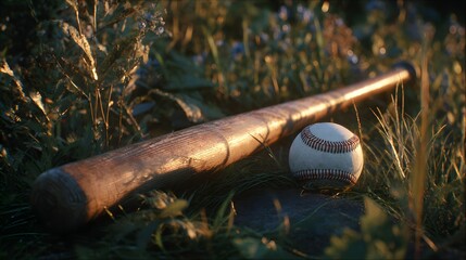 A wooden baseball bat and ball rest peacefully amidst a patch of greenery, bathed in the warm glow of the setting sun.