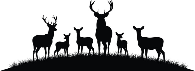 Deer family silhouettes standing on grass hill, wild animal herd illustration, wildlife vector design, nature forest scene, deer clipart set