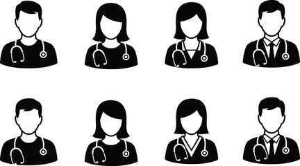 Medical professional icons, doctor avatar set, healthcare staff silhouette, male and female physicians, stethoscope illustration, hospital worker flat design