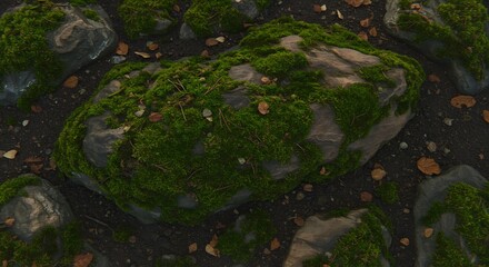 Overgrown stones covered in bright green moss on dark ground scattered leaves and small rocks