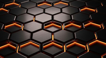 Metallic Hexagons with Glowing Orange Edges: A Modern Abstract D