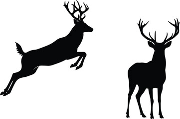 Jumping deer silhouette vector, wild stag with antlers, standing buck illustration, forest animal outline, wildlife hunting clipart design