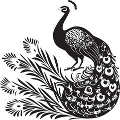 Majestic Peacock Silhouette: An elegant, black and white graphic illustration of a peacock displaying its ornate, fanned tail, a symbol of beauty and grace.