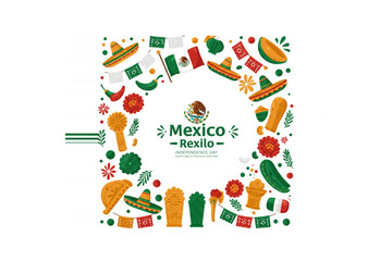 Fototapeta premium Colorful vector illustration featuring a decorative circular border of traditional Mexican icons for a national fiesta celebration