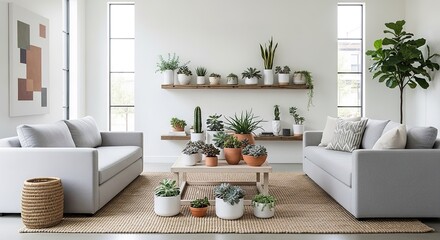 Modern Living Room with Abundant Succulents and Minimalist Decor