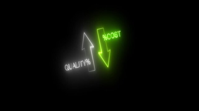 Glowing neon Cost and quality control concept. Percentage icon of quality Successful organization strategy and management. Percentage icon of quality with up arrow and cost with down arrow.