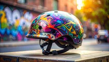 Vibrant helmet adorned with graffiti art showcasing urban style and safety for cycling adventures outdoors