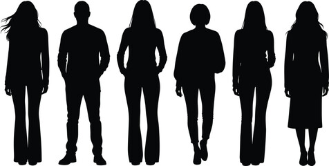 Silhouette of Diverse People Standing in a Line, Group of Men and Women, Isolated on White Background, Stylish Outfits