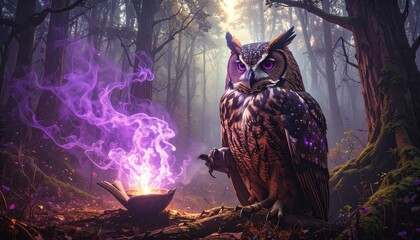 Owl with purple magic in a mystical forest