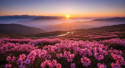 Fototapeta premium Mountain Meadow Bursting with Pink Rhododendrons at Sunrise, Mis