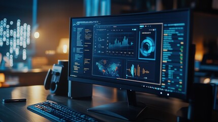 a computer monitor showing SEO analytics and website traffic insights, professional office background with space for text on blurred background