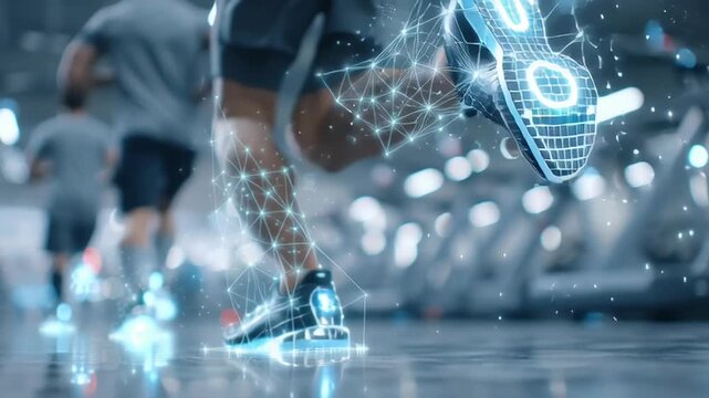 A runner in futuristic shoes with a digital effect, showcasing movement in a gym environment.