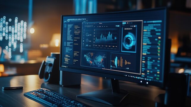 a computer monitor showing SEO analytics and website traffic insights, professional office background with space for text on blurred background