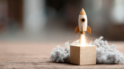 Rocket launching from wood cube with business icon, Start-up, Creativity, Big idea, Business goals management, Investment on new project to wealth, Company strategy target, Sustainable financial plan