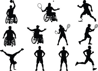 Silhouettes of Disabled and Able-Bodied Athletes, Wheelchair Tennis, Amputee Running, Inclusive Sports Action, Adaptive Fitness, Isolated on White