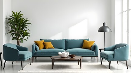 Modern living room design with cozy blue sofa, armchairs, and bright light for stylish home decor