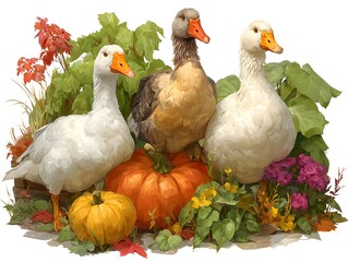 Three geese gather amongst pumpkins and foliage, evoking autumnal harvest and seasonal abundance theme.