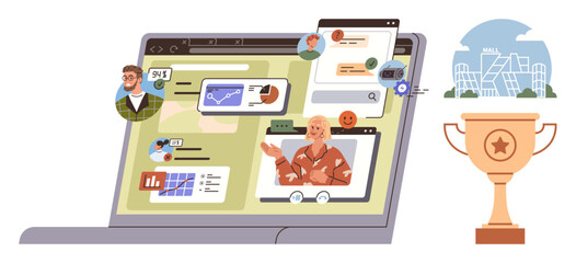 Laptop screen displaying video calls, charts, and messages alongside trophy and cityscape. Ideal for teamwork, remote work, communication, success, achievement business and digital strategy. Simple