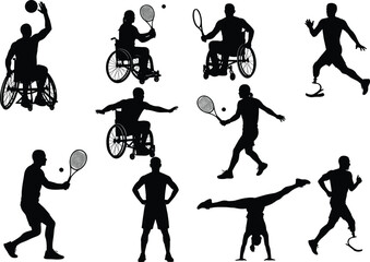 Silhouettes of Diverse Adaptive Athletes Playing Tennis, Wheelchair Sports, Amputee Running, Inclusive Fitness, Dynamic Action, Prosthetic Legs, Isolated on White