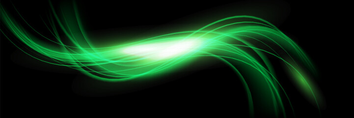 Green glowing shiny lines effect vector background. Luminous white lines of speed. Light glowing effect. Light trail wave, fire path trace line and incandescence curve twirl.
