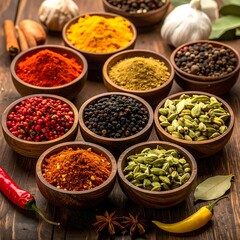 Fototapeta premium Colorful spices in wooden bowls