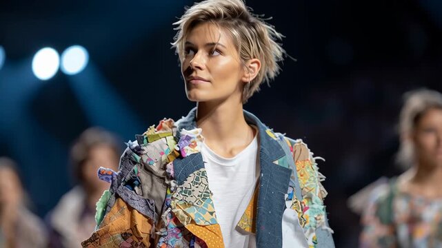 Model showcasing a unique, patchwork fashion design on the runway.