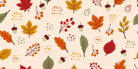 Seamless Autumn Pattern with Leaves, Berries and Acorn. Hand drawn Autumn Background with Colorful Leaves, Berries and Acorn.