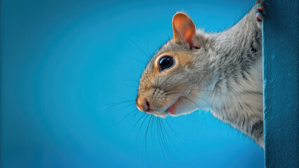 Fototapeta premium Surprised squirrel cautiously peeks around corner concept. Close-up of a curious squirrel peeking from behind a wall.