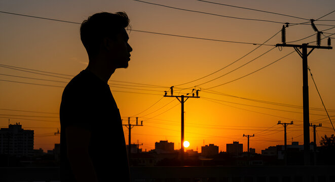 Silhouette of a man against a vibrant sunset over a city