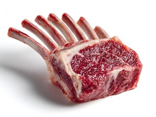 A raw rack of lamb with visible ribs rests on a white surface, displaying its fresh marbled texture.