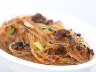 Close-Up of Korean Japchae Glass Noodles with Vegetables