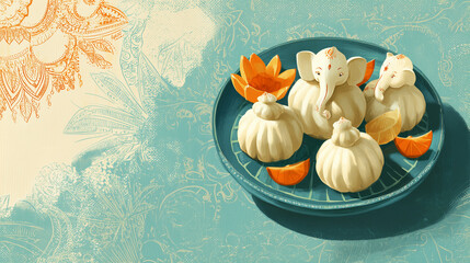 Illustration of Modaks on a plate on decorated background - Happy Ganesh Chathurthi 