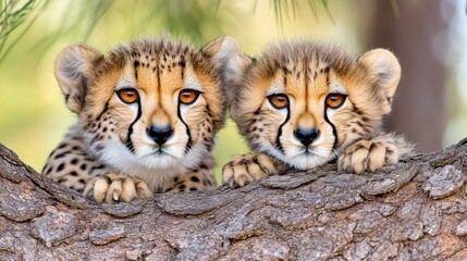Fototapeta premium Young Cheetah Cubs Sitting Together on a Tree Branch