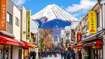 Scenic View of Mount Fuji Over Busy Street with Shops and Visitors