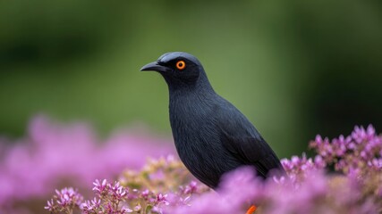 Fototapeta premium Black bird orange eye wildflower meadow foraging spring nature garden perch soft focus foraging in wildflower meadow with calm mood