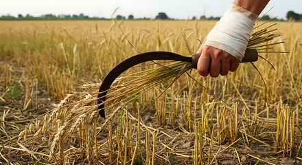 Farmer's bandaged hand using a sickle to harvest golden wheat in a rural field